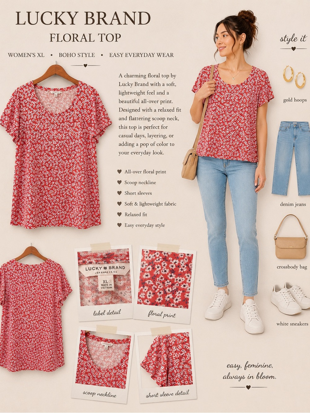 Lucky Brand Floral Top Women’s XL Red White Short Sleeve Scoop Neck Boho